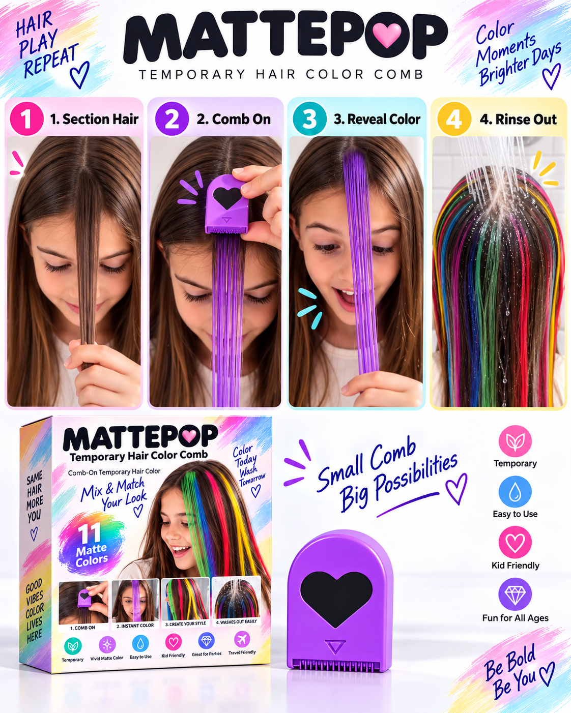MATTEPOP™ Hair Color Comb Kit – 11 Colors Temporary Washable Hair Dye for Festival, Party & Daily Hair Makeovers