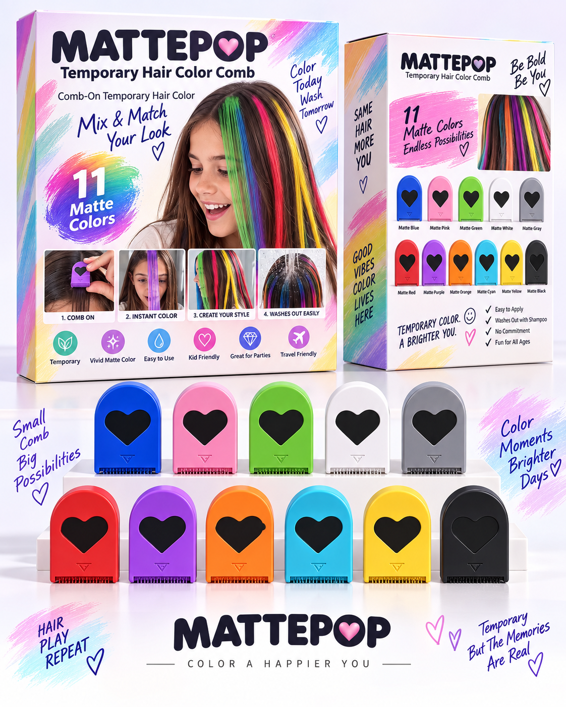 MATTEPOP™ Hair Color Comb Kit – 11 Colors Temporary Washable Hair Dye for Festival, Party & Daily Hair Makeovers
